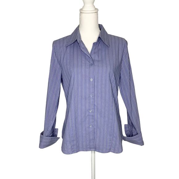 Worthington Stretch Easy Care Blue White Striped Button Down Top 10 - Picture 1 of 6